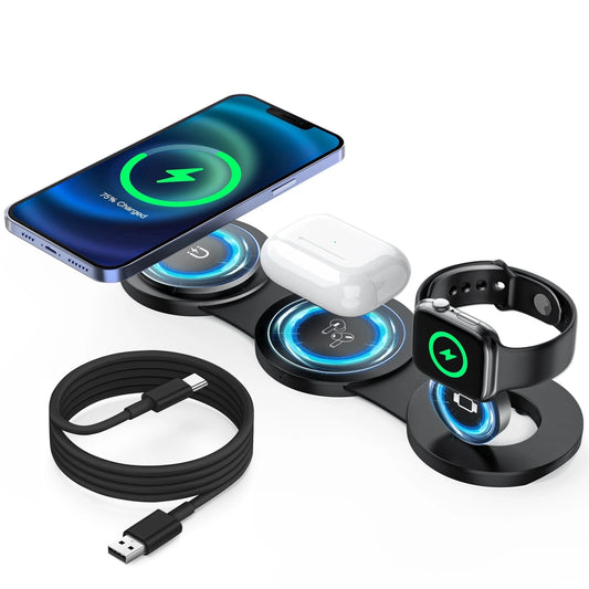 Wireless Charger for Iphone, 3 in 1 Charging Station for Apple Devices, Travel Magnetic Charger Stand for Iphone 17 16 15 14 13 12 Pro Max, Airpods 4/3/2/Pro, Apple Watch 3-10